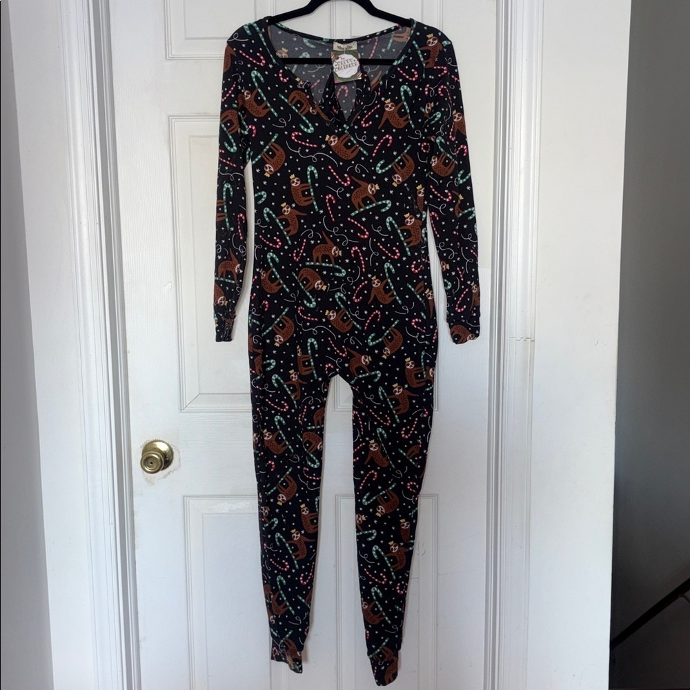 Sho Sho Christmas Sloth Candy Cane Onesie Pajamas Headband Black Red Size M
